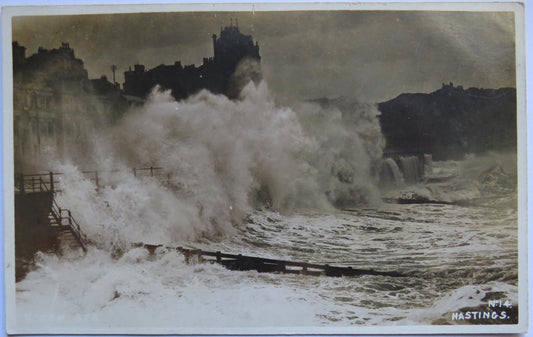 Vintage Postcard of Hastings, Waves Crashing at Pier