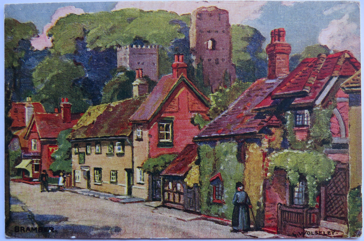 Vintage Postcard of Bramber - painting by Garnet Wolseley