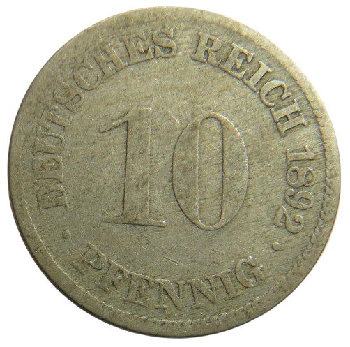1892-D Germany 10 Pfennig Coin