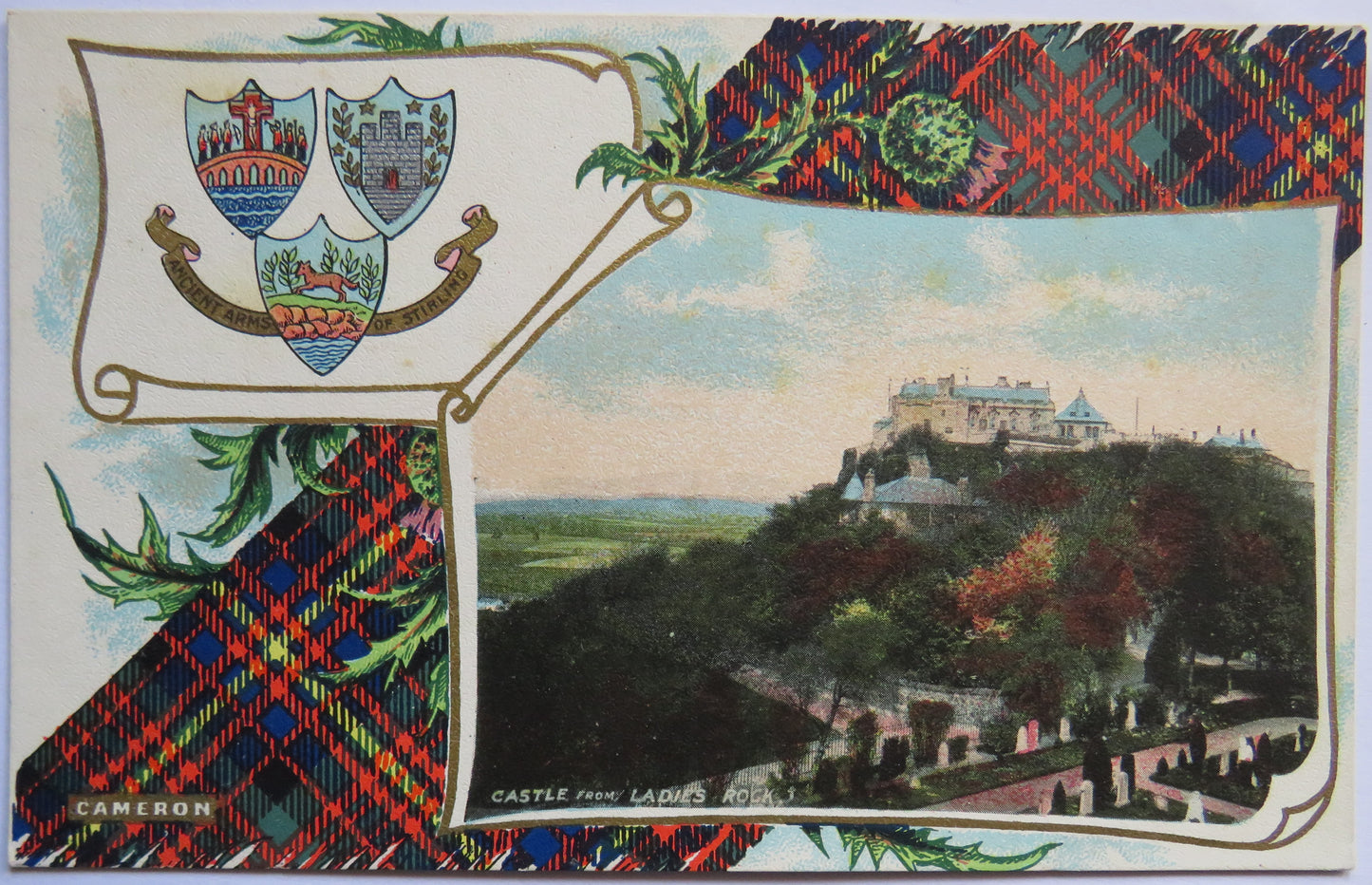 Vintage Postcard of Castle from Ladies Rock, with Cameron Tartan