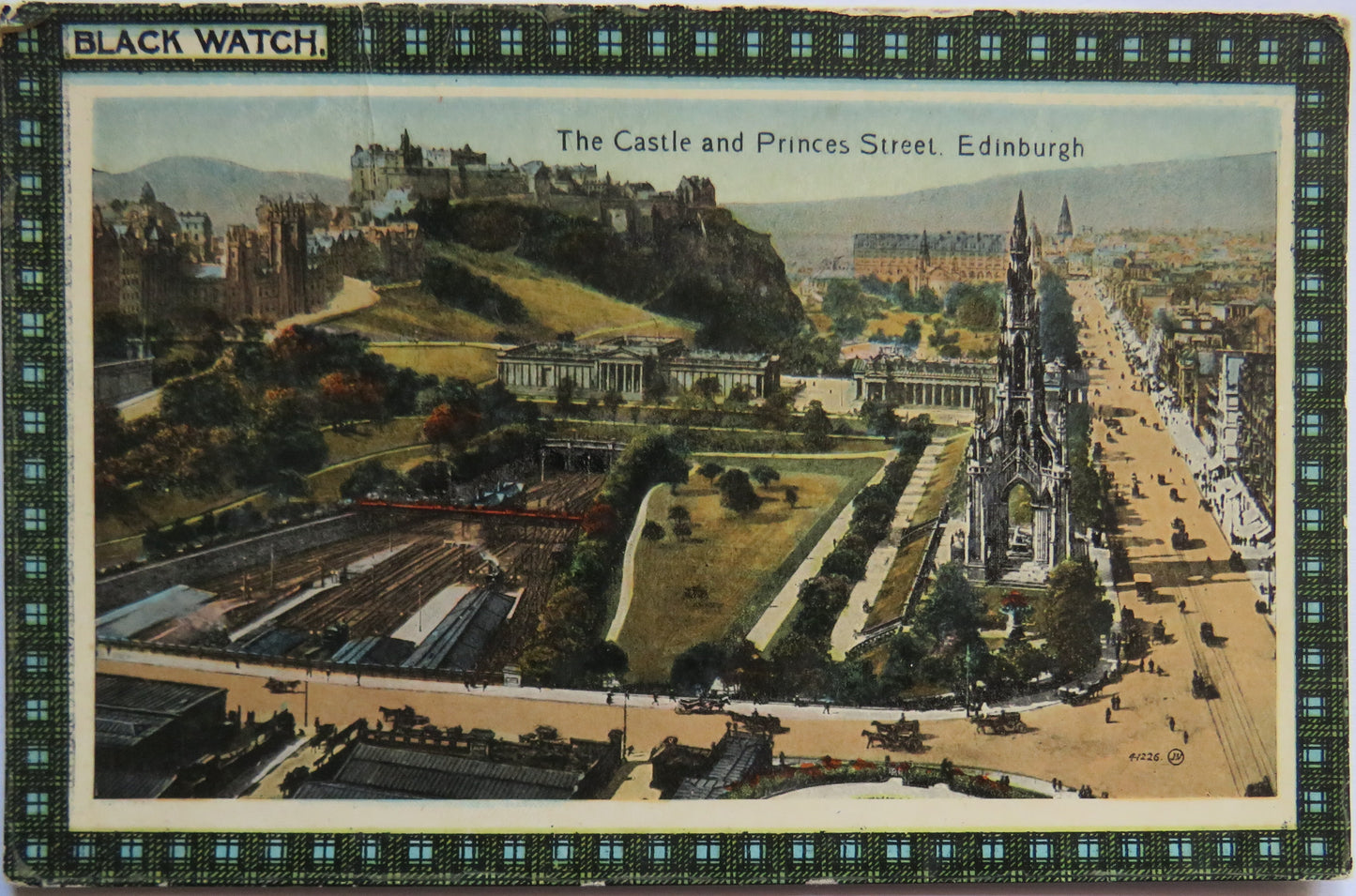 Vintage Postcard of The Castle and Princes Street, Edinburgh, Black Watch Tartan