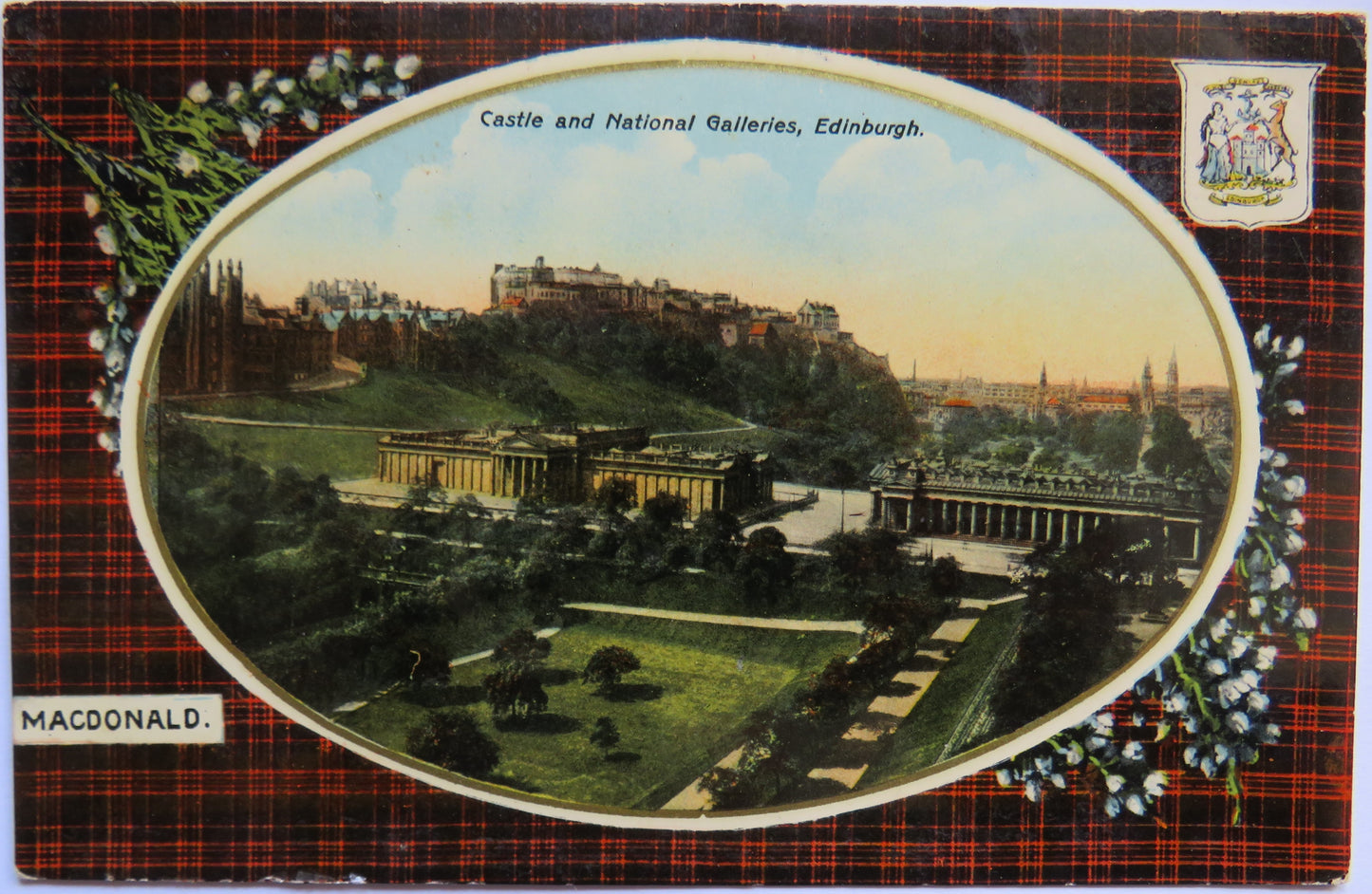 Vintage Postcard of Castle and National Galleries, Edinburgh, with Macdonald Tartan