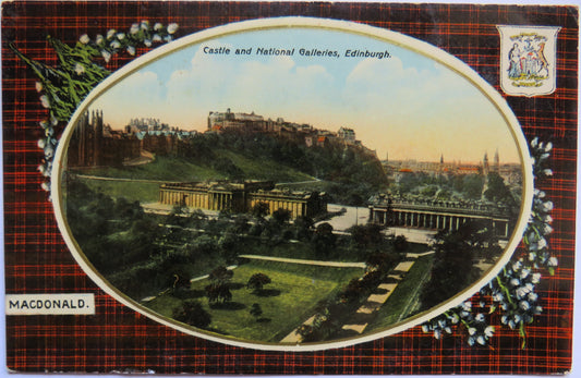 Vintage Postcard of Castle and National Galleries, Edinburgh, with Macdonald Tartan
