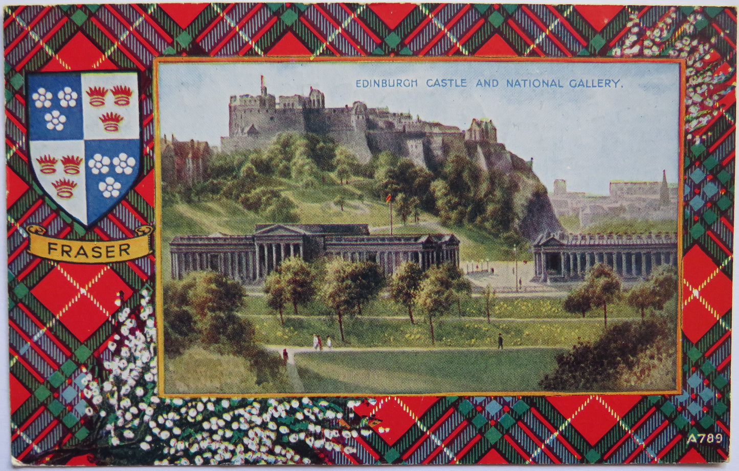 Vintage Postcard of Edinburgh Castle and National Gallery, with Fraser Tartan, 1953