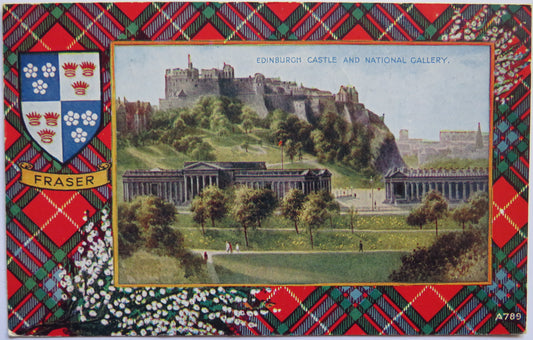 Vintage Postcard of Edinburgh Castle and National Gallery, with Fraser Tartan, 1953
