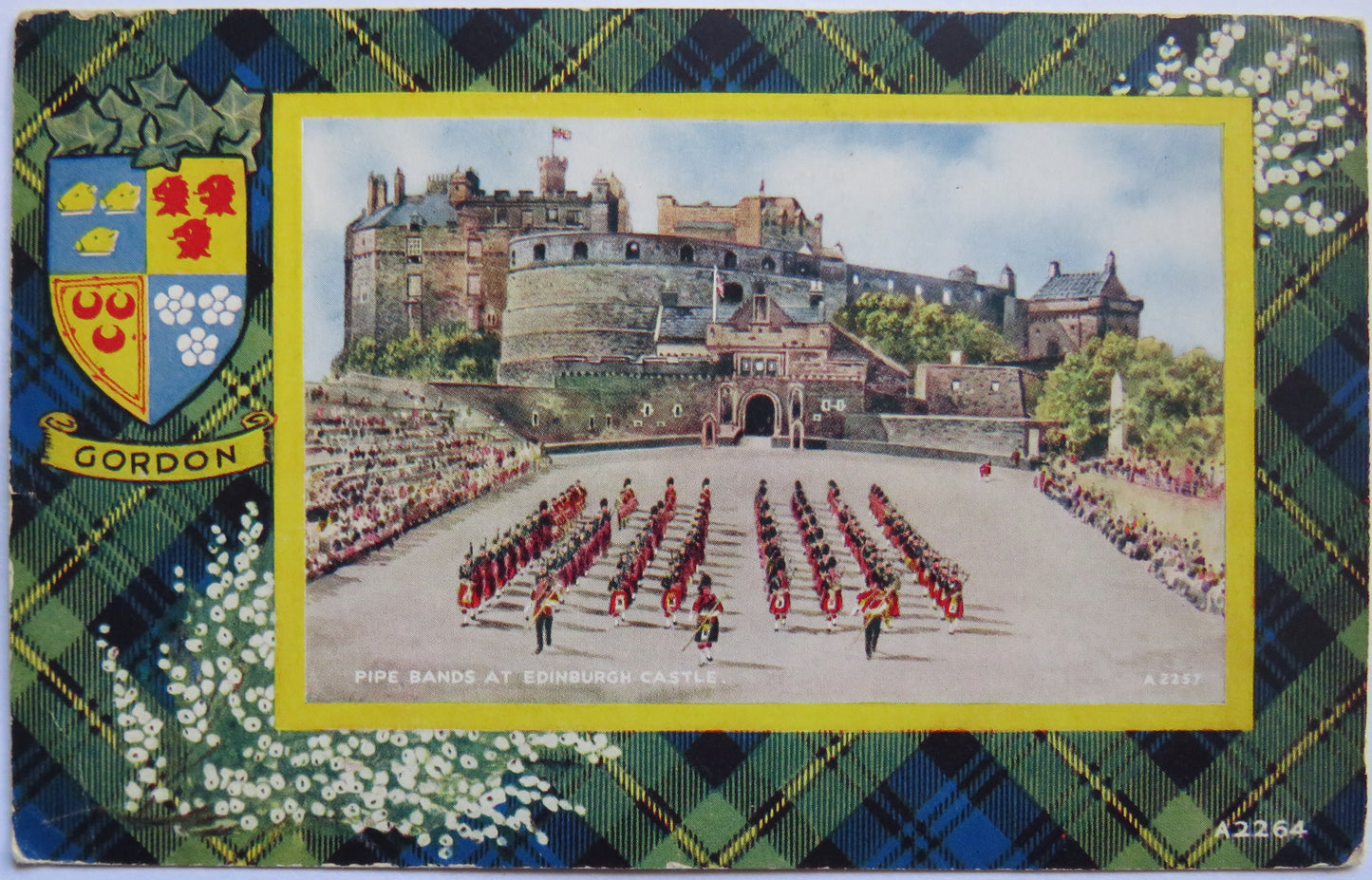 Vintage Postcard of Pipe Bands at Edinburgh Castle, with Gordon Tartan, 1953