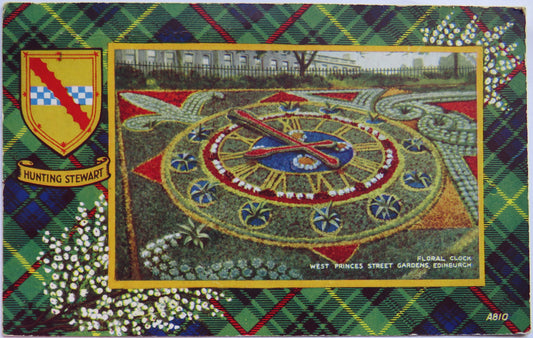 Vintage Postcard of Floral Clock, West Princes Street Gardens, Edinburgh, Hunting Stewart Tartan
