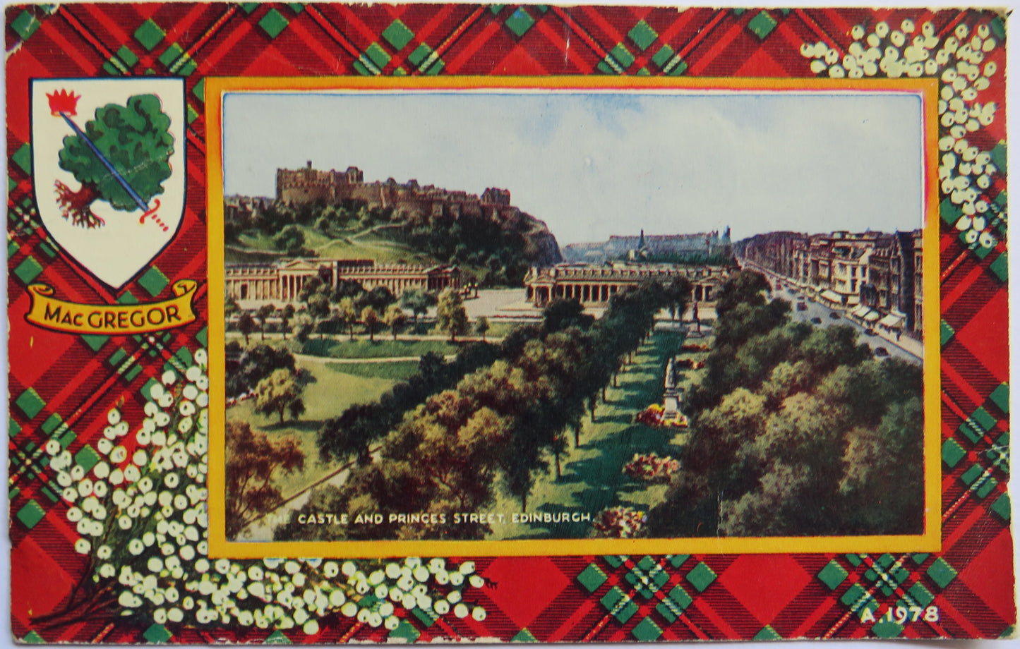 Vintage Postcard of Castle and Princes Street, Edinburgh, MacGregor Tartan, 1958