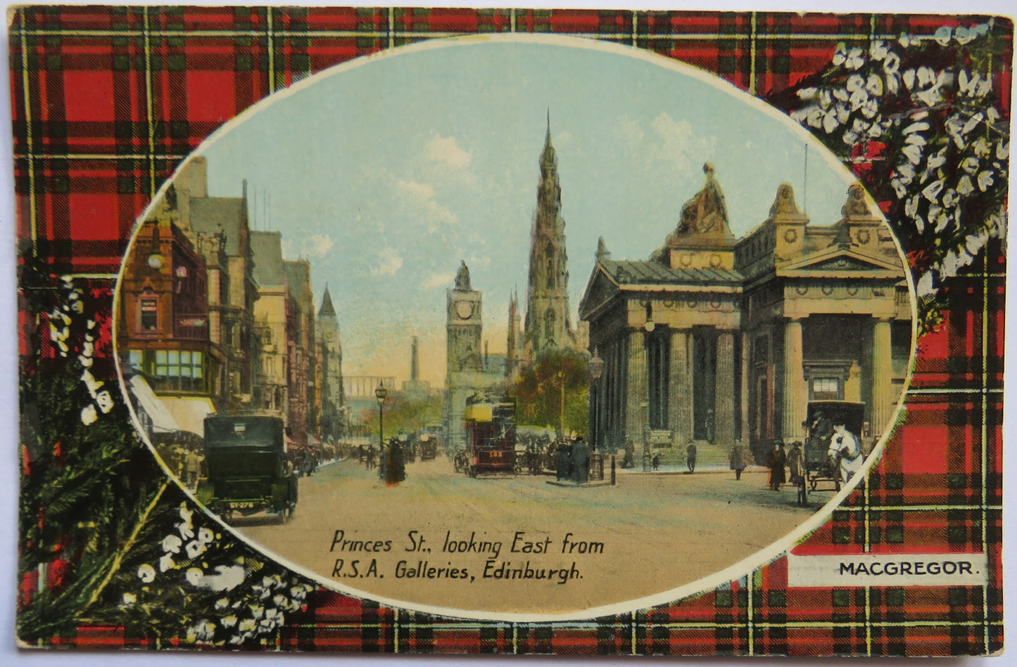 Vintage Postcard of Princes St. Looking East from R.S.A. Galleries, Edinburgh, with MacGregor Tartan