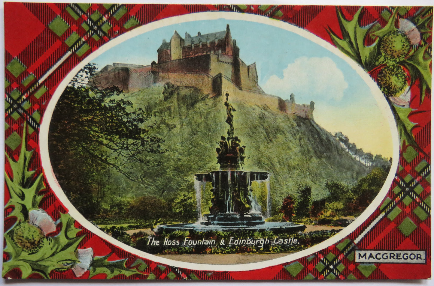 Vintage Postcard of The Ross Fountain & Edinburgh Castle, MacGregor Tartan
