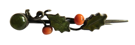 Antique Silver Green Stone & Coral Brooch In Style of Holly