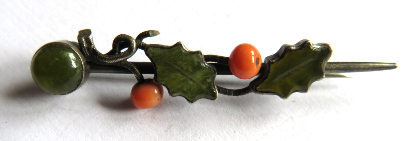Antique Silver Green Stone & Coral Brooch In Style of Holly