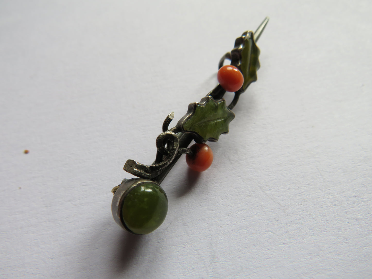 Antique Silver Green Stone & Coral Brooch In Style of Holly