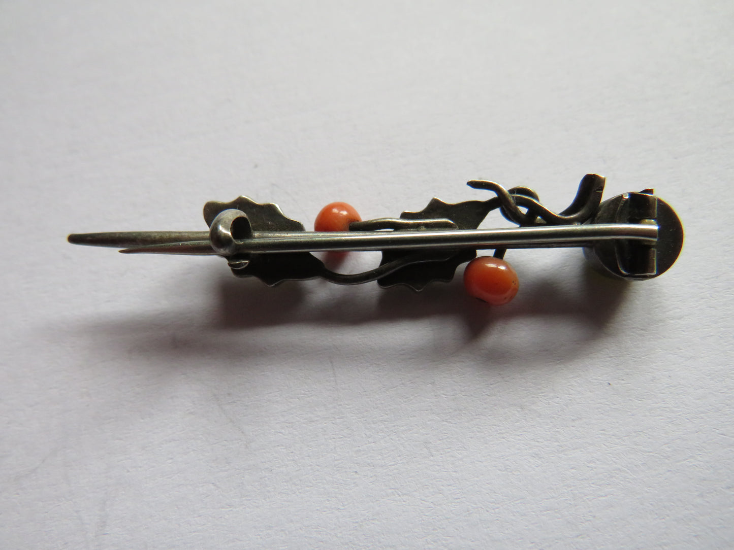 Antique Silver Green Stone & Coral Brooch In Style of Holly