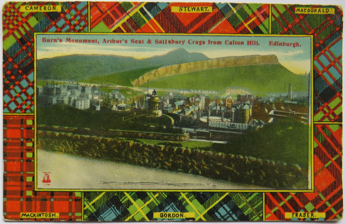 Vintage Postcard of Barn's Monument, Arthur's Seat & Salisbury Crags from Carlton Hill, Edinburgh, Various Tartans