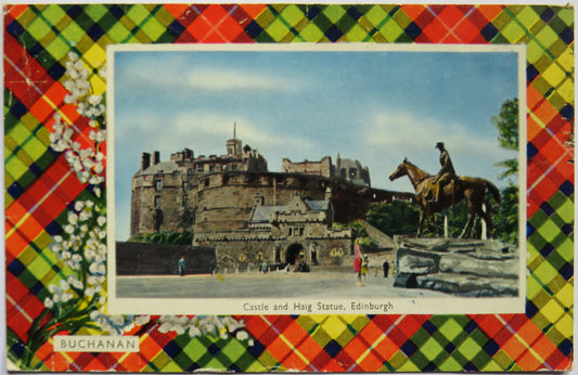 Vintage Postcard of Castle and Haig Statue, Edinburgh, Buchanan Tartan