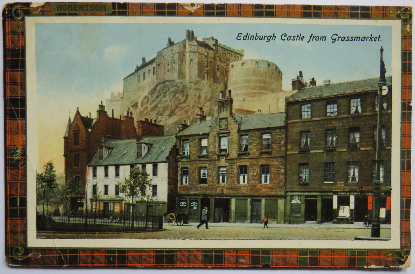Vintage Postcard of Edinburgh Castle from Grassmarket, Robertson Tartan