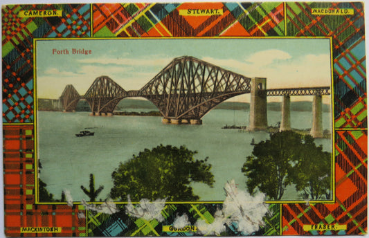 Vintage Postcard of the Forth Bridge, Various Tartans
