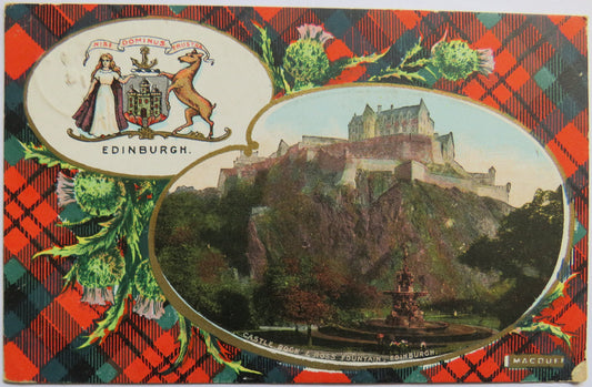 Vintage Postcard of Castle Rock & Ross Fountain, Edinburgh, Macduff Tartan, 1905