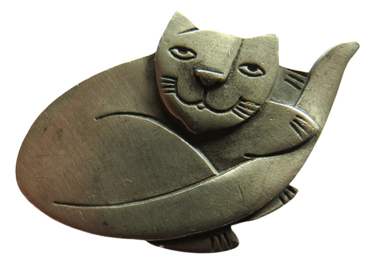 Vintage Novelty Cat Pewter Brooch By Mali 1997