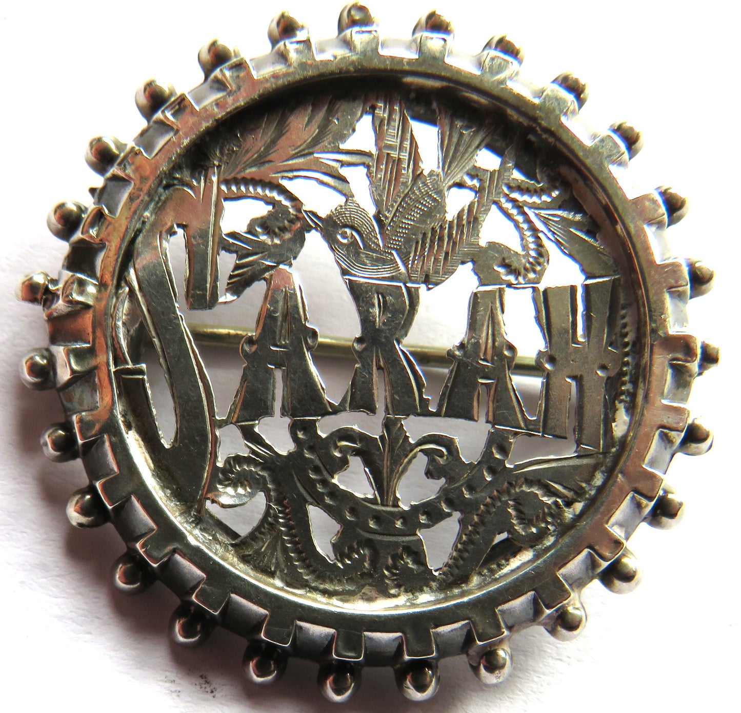 Antique Victorian Sterling Silver Named "Sarah" Brooch