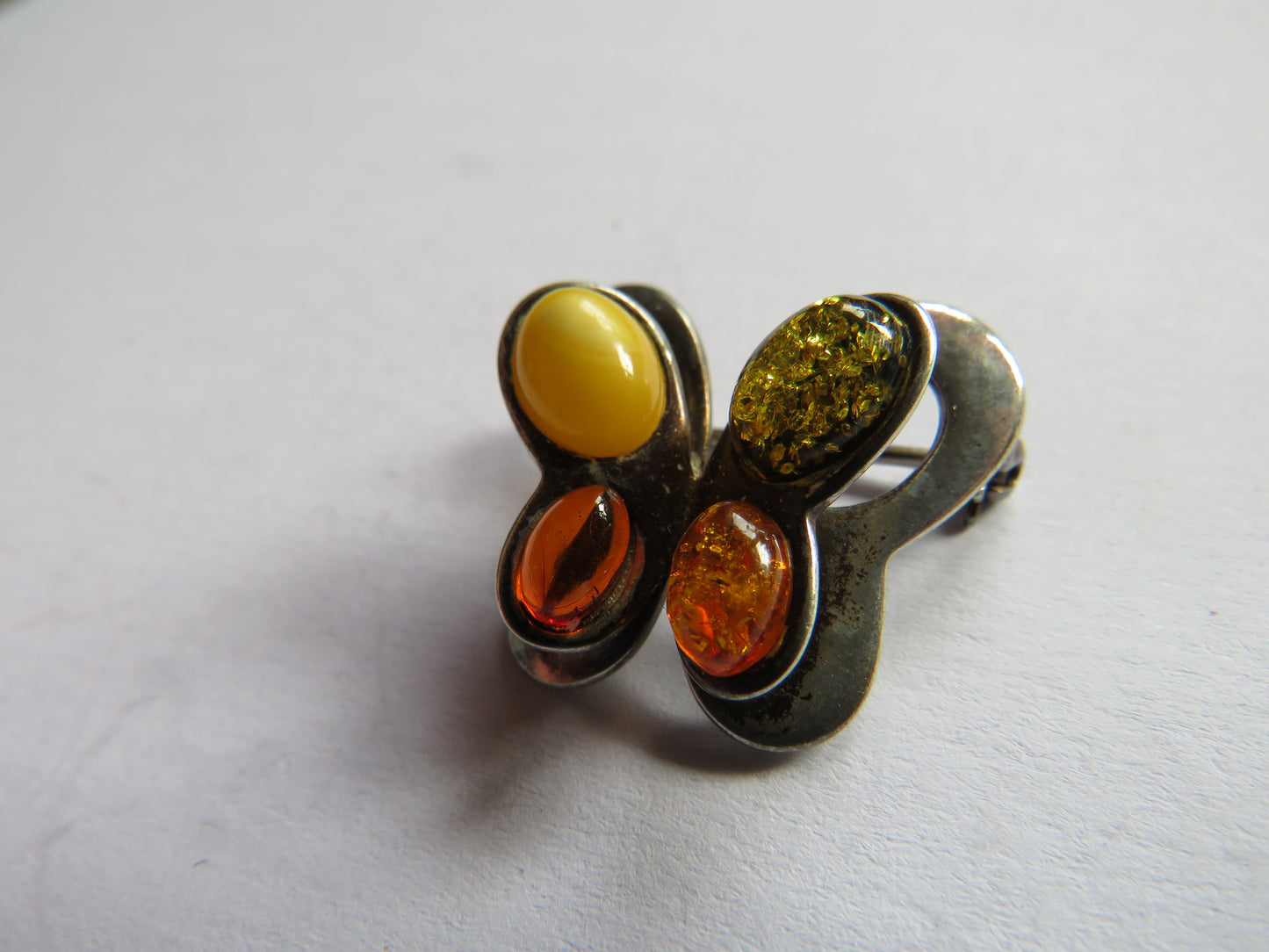 Vintage Ladies Sterling Silver & Amber Butterfly Brooch