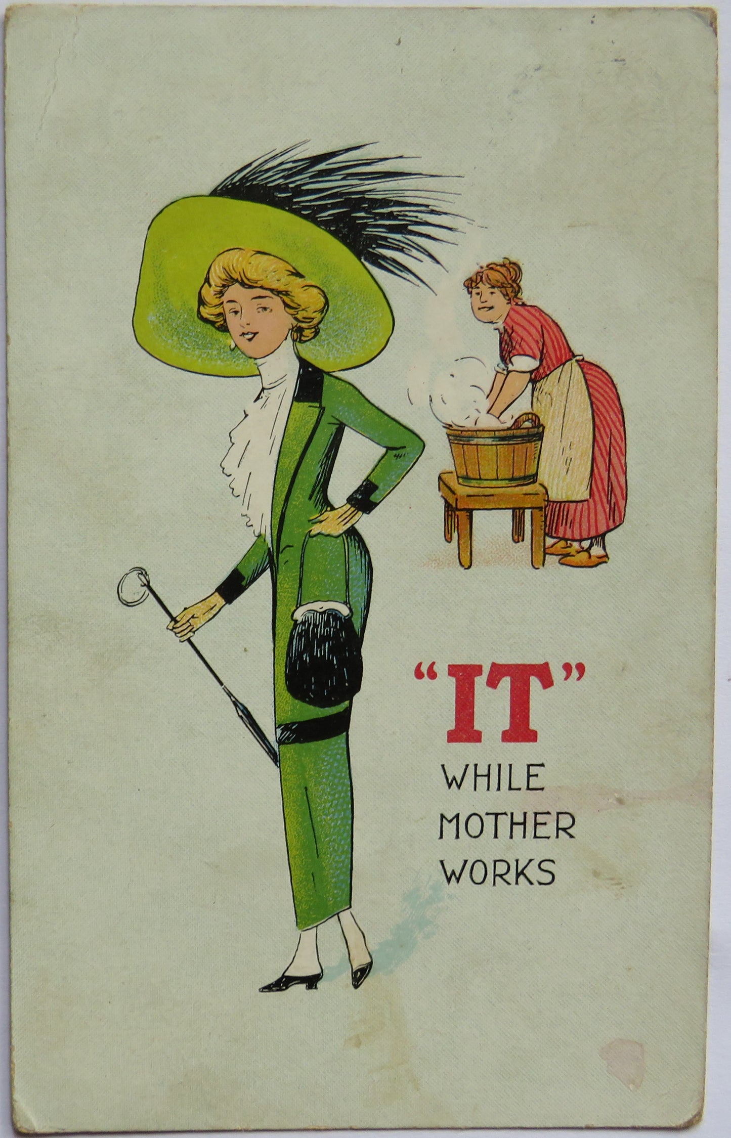 Vintage Comical Postcard "IT" While Mother Works