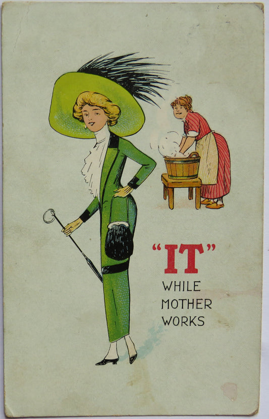 Vintage Comical Postcard "IT" While Mother Works