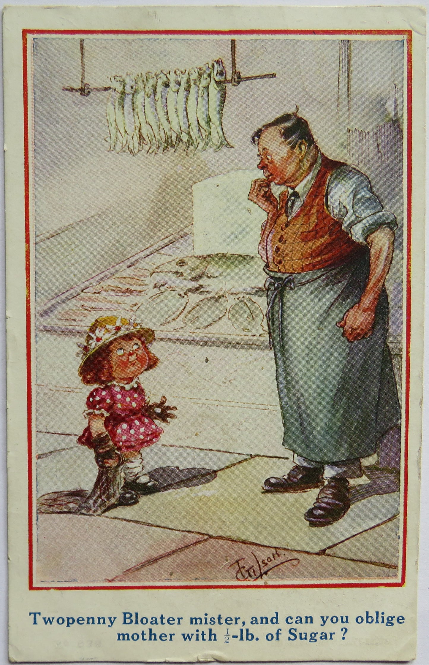 Vintage Comical Postcard "Twopenny Bloater Mister and Can You Oblige"