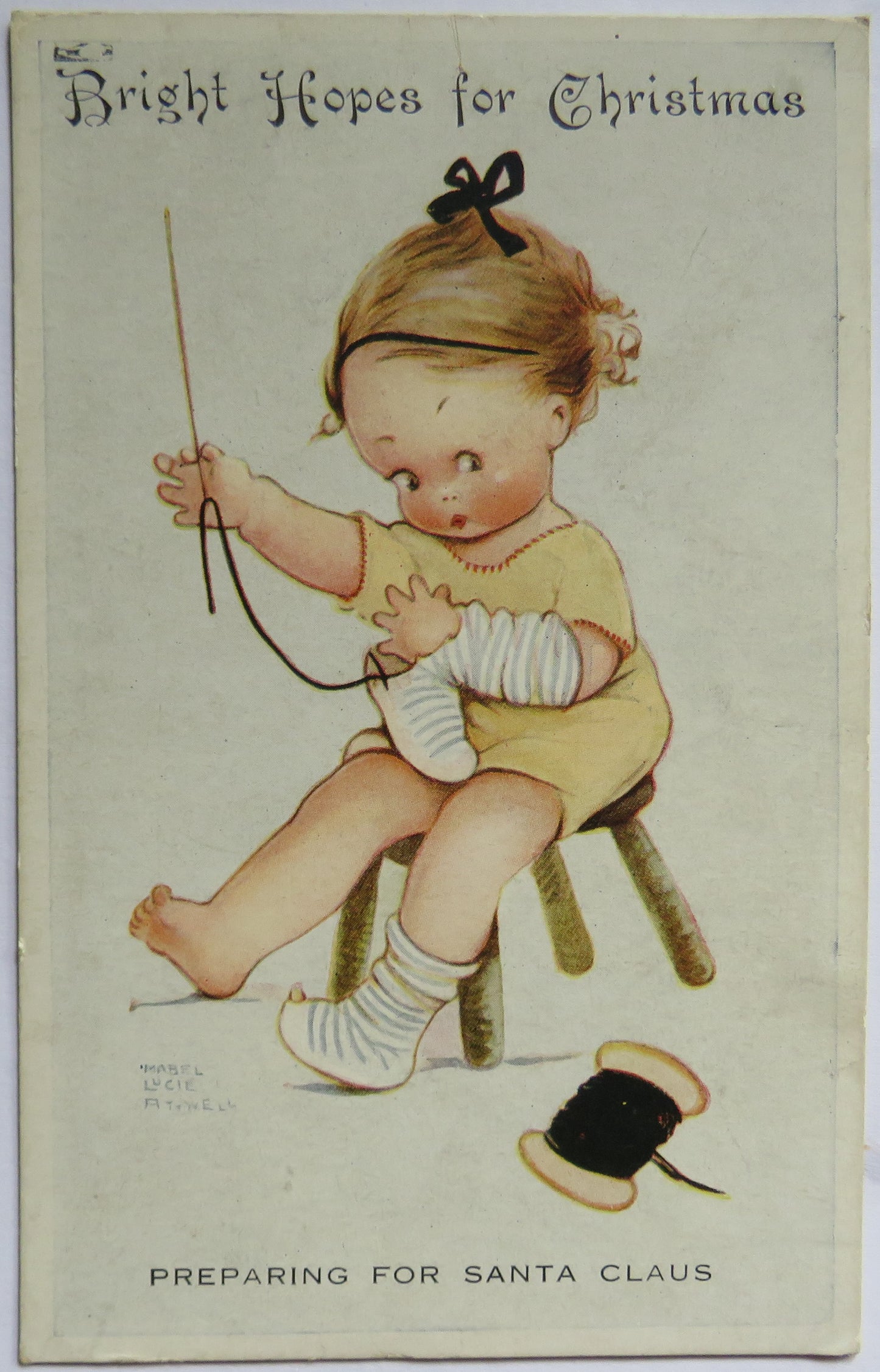 Vintage Postcard By Mabel Lucie Attwell "Bright Hopes for Christmas" Preparing For Santa Claus