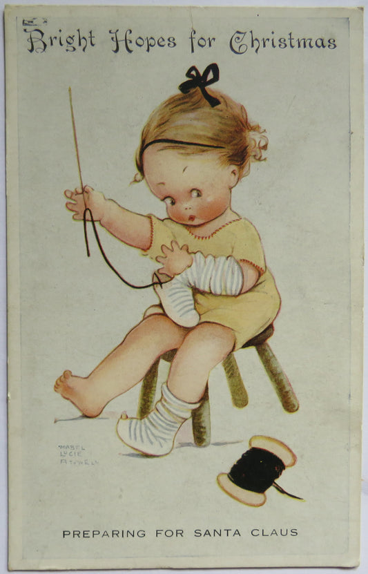 Vintage Postcard By Mabel Lucie Attwell "Bright Hopes for Christmas" Preparing For Santa Claus