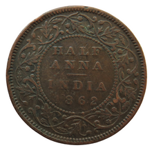 Load image into Gallery viewer, 1862 Queen Victoria India Half Anna Coin
