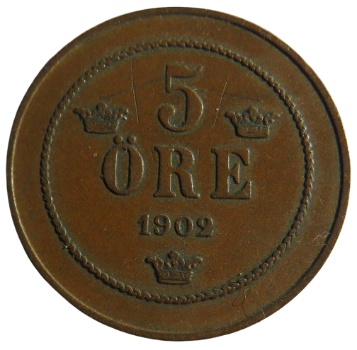 1902 Sweden 5 Ore Coin