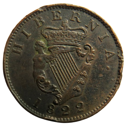 1822 King George IV "Hibernia" Ireland Halfpenny Coin
