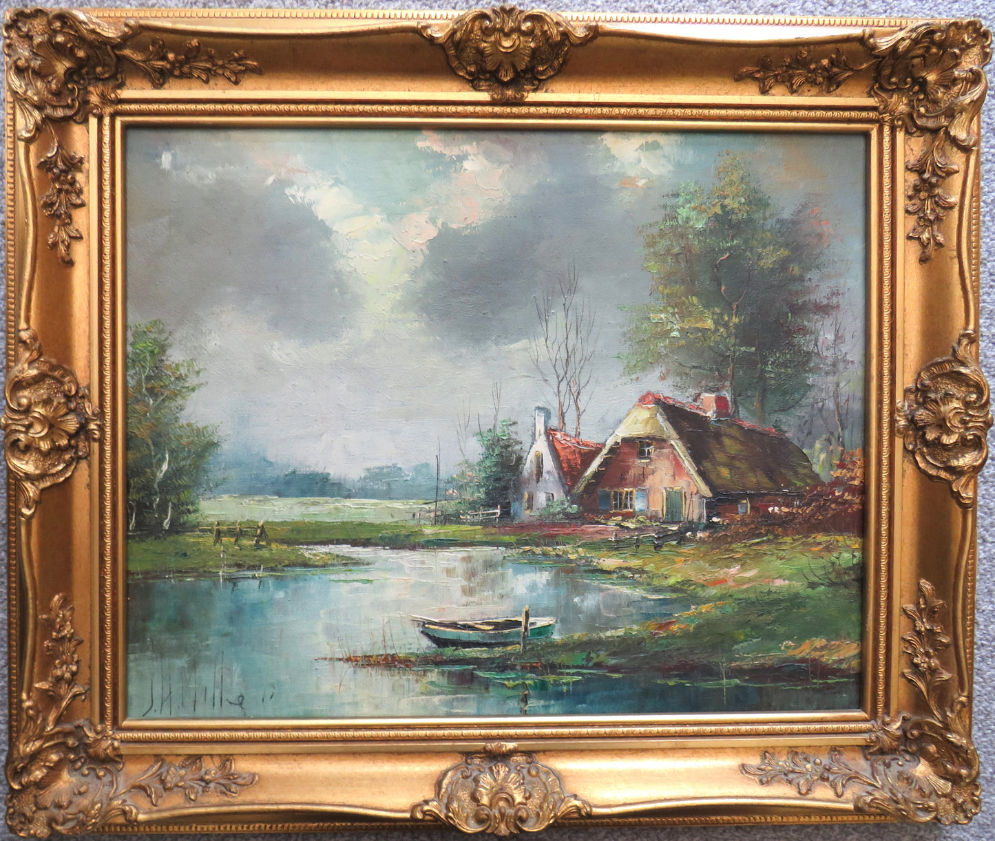 Vintage Framed Oil Painting By Johannes Miller Boat In River Scene