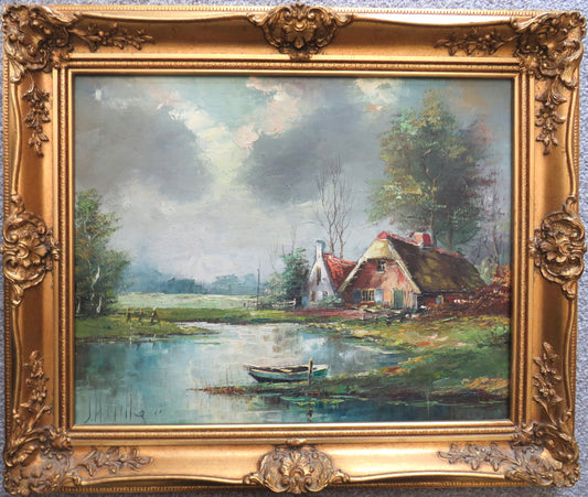 Vintage Framed Oil Painting By Johannes Miller Boat In River Scene