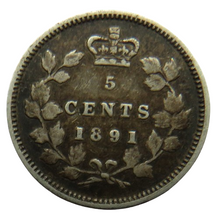 Load image into Gallery viewer, 1891 Queen Victoria Canada Silver 5 Cents Coin
