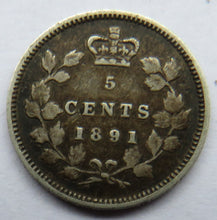 Load image into Gallery viewer, 1891 Queen Victoria Canada Silver 5 Cents Coin
