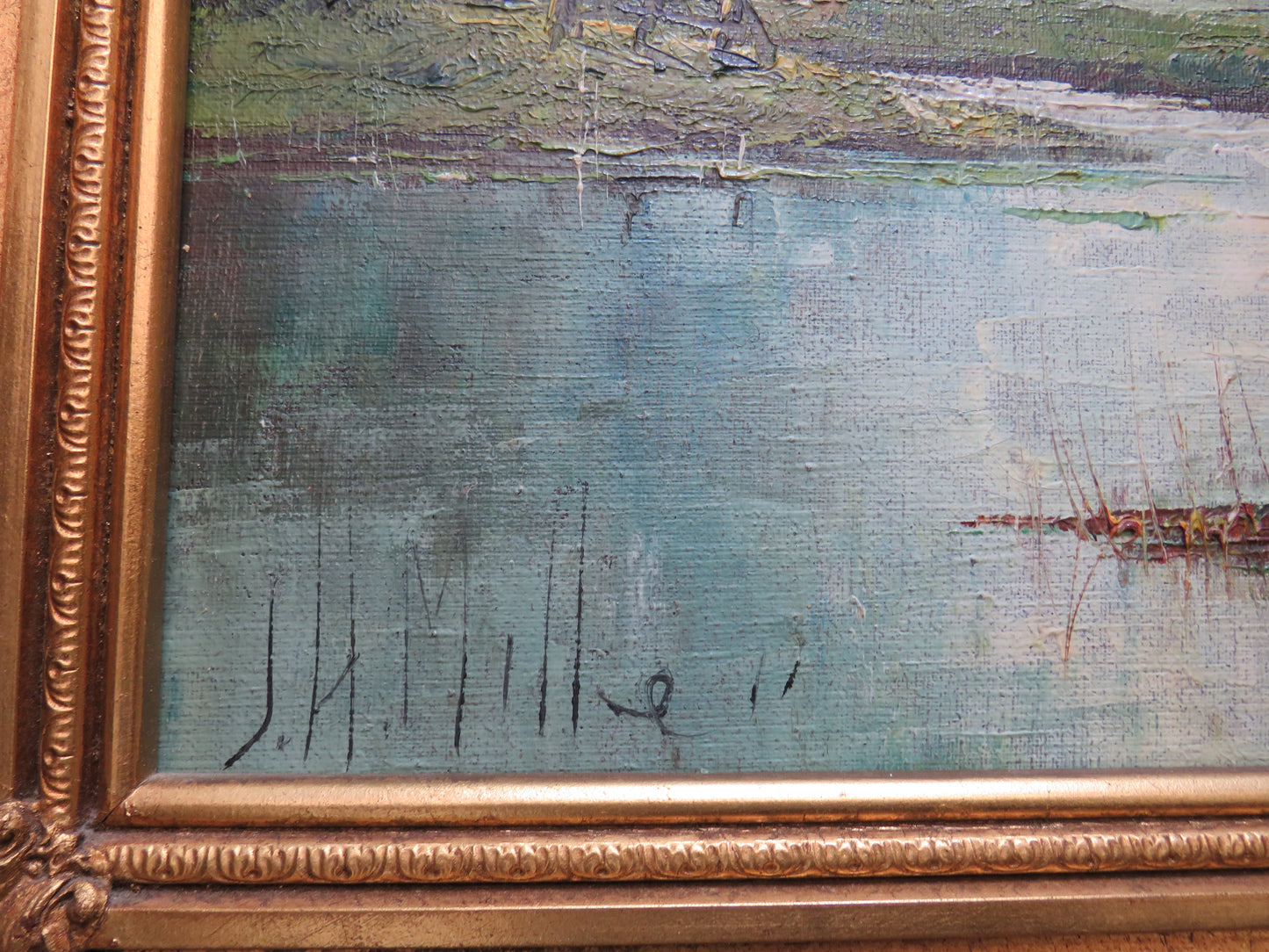 Vintage Framed Oil Painting By Johannes Miller Boat In River Scene