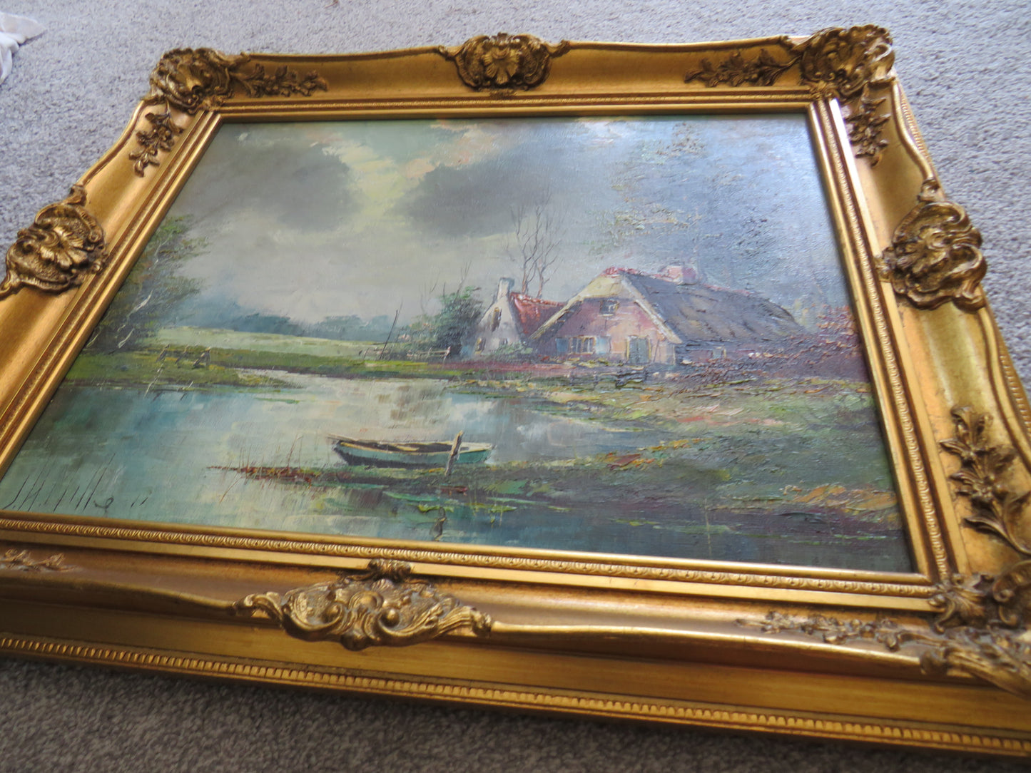 Vintage Framed Oil Painting By Johannes Miller Boat In River Scene