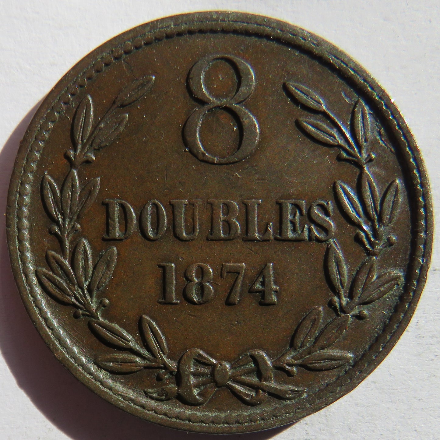 1874 Guernsey 8 Doubles Coin