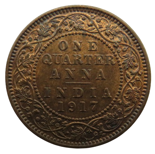 1917 King George V India 1/4 Anna Coin In High Grade