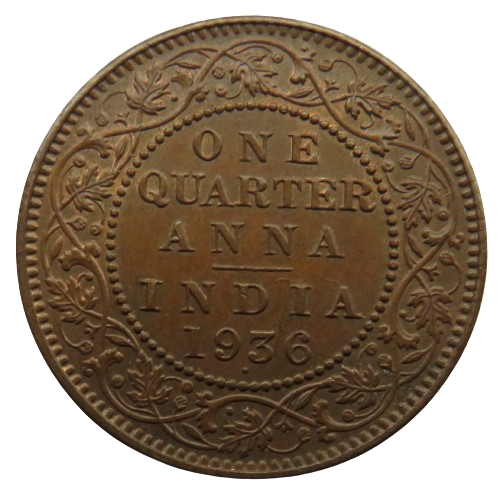 1936 King George V India 1/4 Anna Coin