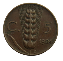 Load image into Gallery viewer, 1924 Italy 5 Centesimi Coin
