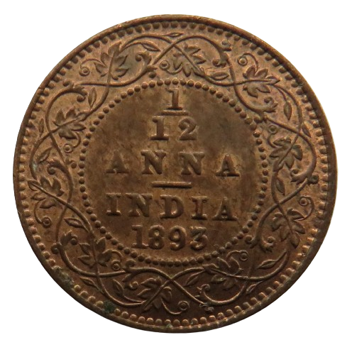 1893 Queen Victoria India 1/12th Anna Coin High Grade