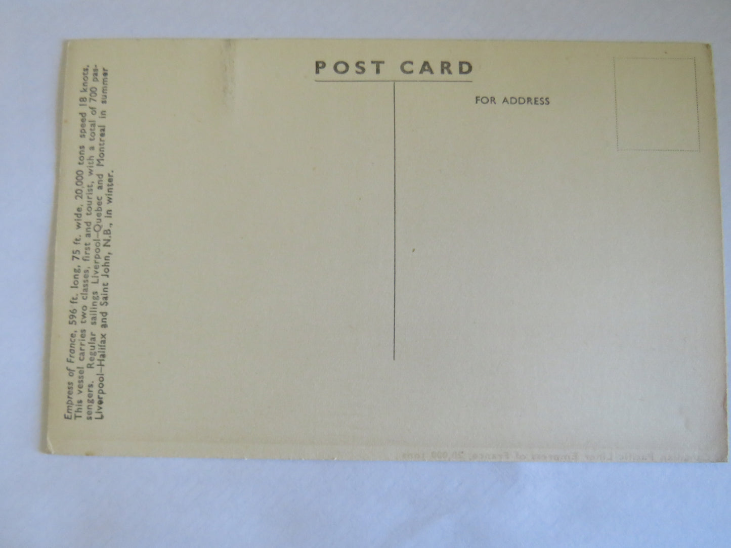 Vintage Postcard of Canadian Pacific Liner Empress of France