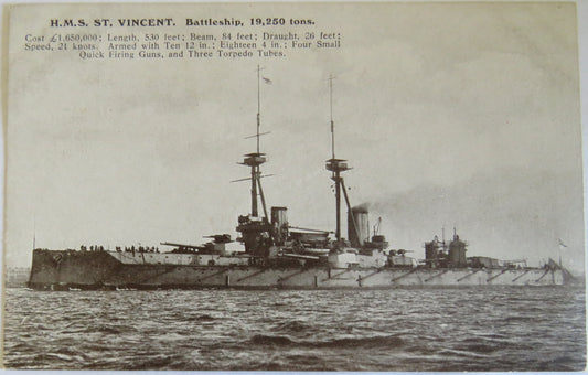 Vintage Warship Postcard of H.M.S. "St Vincent" Battleship