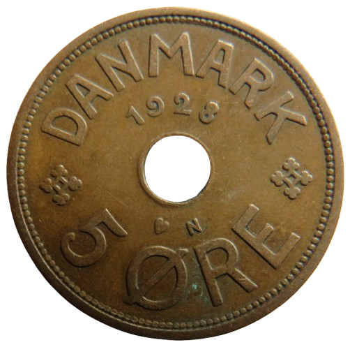 1928 Denmark 5 Ore Coin