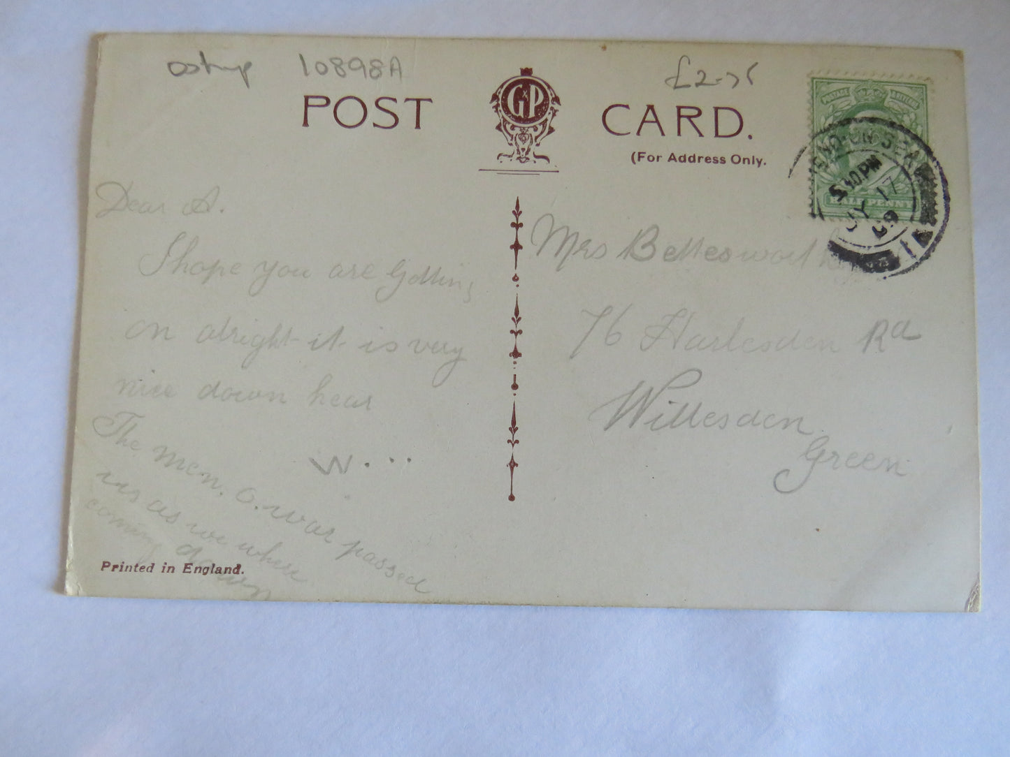 Vintage Warship Postcard of H.M.S. "Queen" 1909