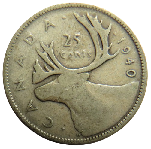 1940 King George VI Canada Silver 25 Cents Coin